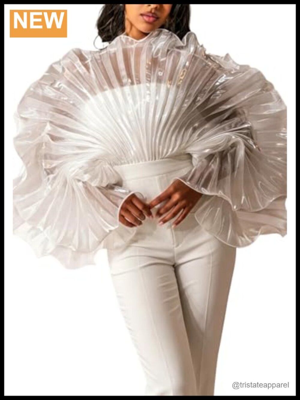 Sheer Crop Top Pleated Flutter Sleeve See Through Blouse